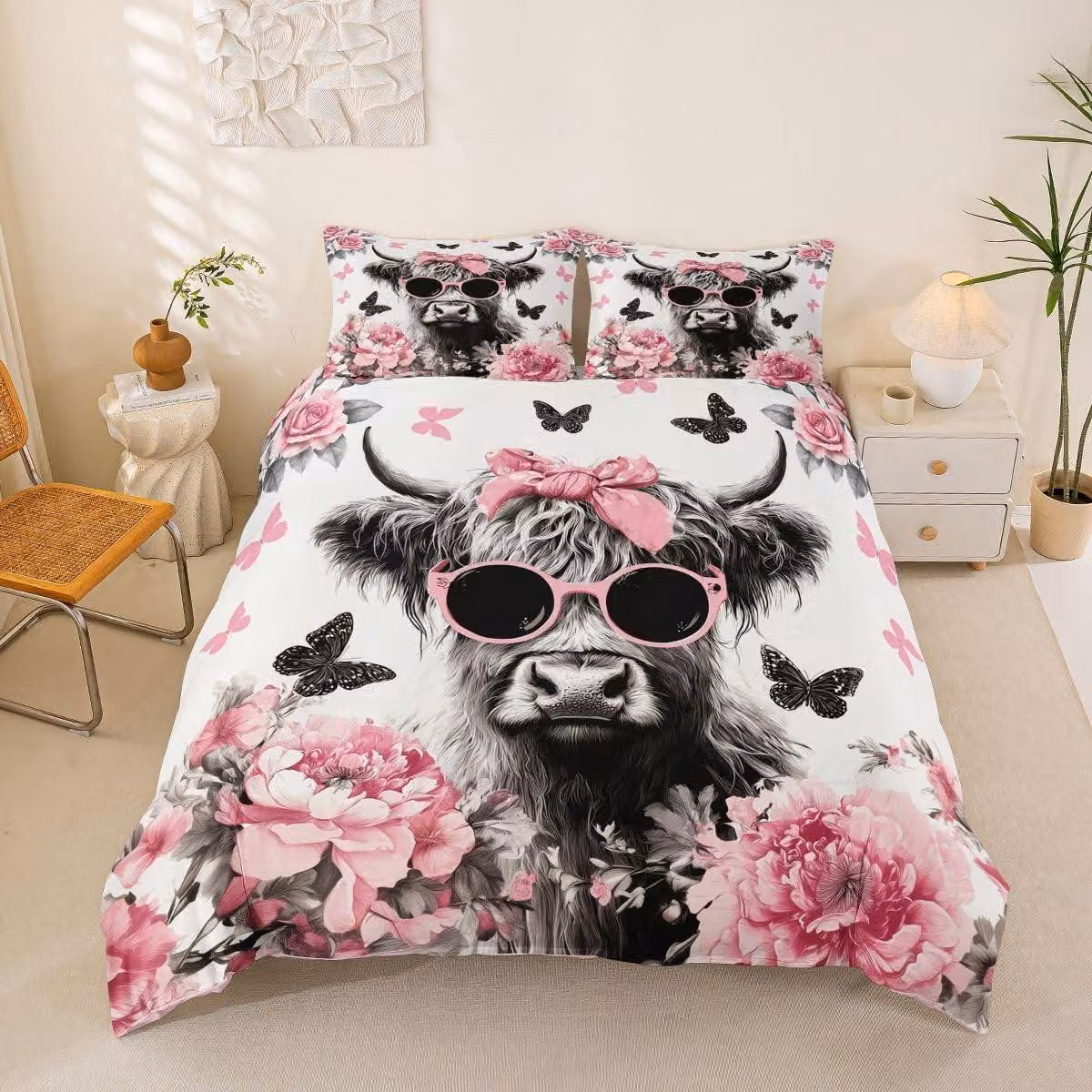 Set di lenzuola per piumino matrimoniale (King Size) con motivo "Mucca delle Highlands" e 2 federe
