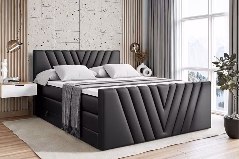 Letto boxspring ALTDECOR con pediera, 2 materassi e topper - 140x200 cm - ERNINA-Z KING - Pelle finta nera - Letto imbottito con materassi H3 e H4, contenitore e rete a doghe, letto con spazio contenitivo