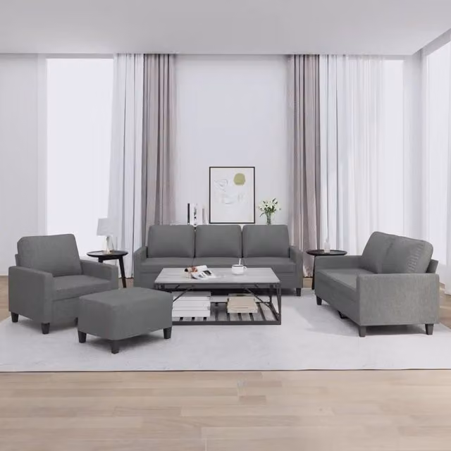Set di divani moderno vidaXL in tessuto grigio composto da divano a 3 posti, divano a 2 posti, pouf e cuscini decorativi – 1