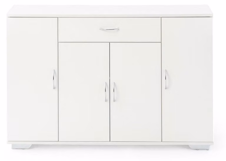 Comò bianco largo 110 cm, con cassetti e ante, ideale per la camera da letto o il soggiorno