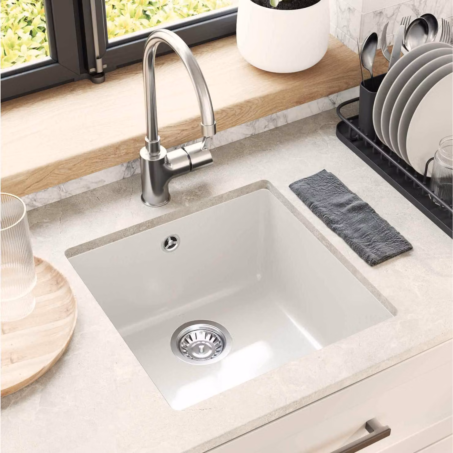 Lavello vidaXL in quarzo e resina bianco L: 43 cm, P: 46 cm, H: 42,1 cm – 1