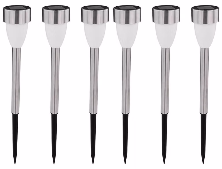 Set di 6 lampade solari a LED, in acciaio inossidabile, con interruttore, altezza 36,5 cm