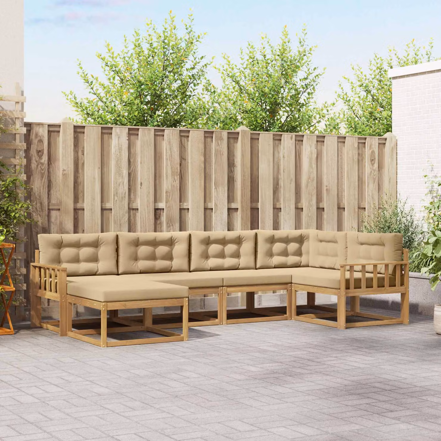 Set di divani da esterno vidaXL a forma di L in legno di acacia con pouf e cuscini, Bianco e Beige