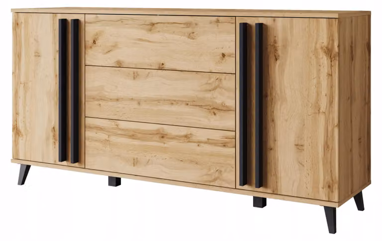 Comò da 150 cm con gambe, ideale per il soggiorno, con cassetti e ante, in legno di rovere "Wotan"