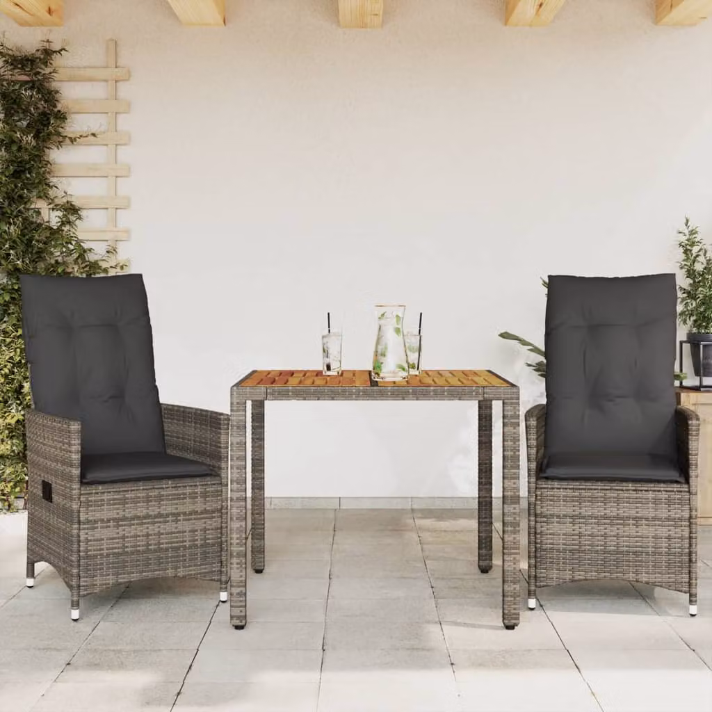 Set da Bistrò 3 pz vidaXL in Polyrattan e Legno di Acacia con Cuscini Grigio – 1