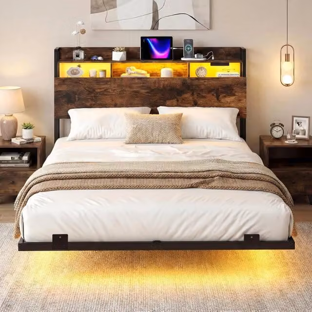 Letto Matrimoniale Fluttuante Costway in Metallo con Luci LED, Porta USB e Testiera con Contenitore, Stile Industriale, L/P: 140 x 200 cm