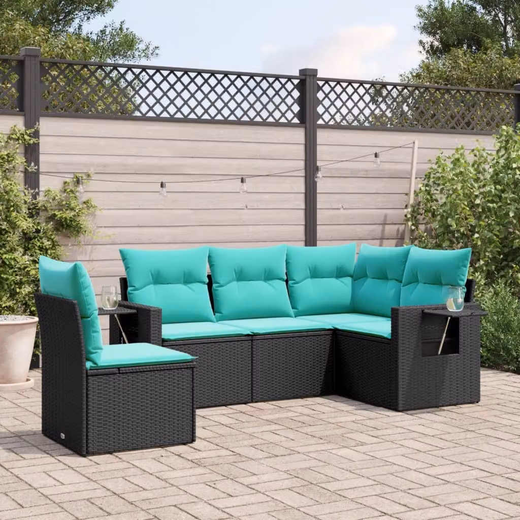 Set di divani da giardino vidaXL in polyrattan nero con cuscini, modello a L con struttura in metallo e tessuto resistente ai raggi UV
