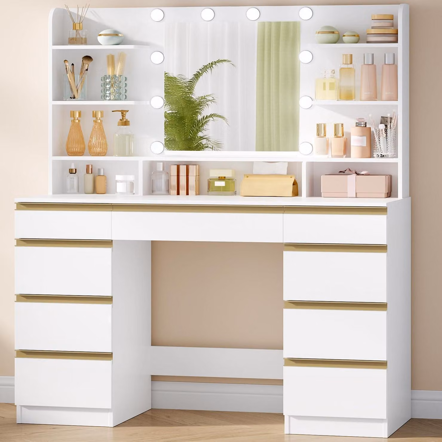 Comò da trucco con illuminazione a LED, 3 tonalità di luce, intensità regolabile, specchio, 9 cassetti, 9 ripiani, bianco e oro
