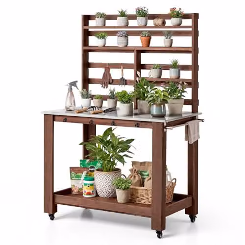 VEVOR Tavolo da Giardinaggio da Esterno, Postazione di Lavoro per Giardinaggio all'Aperto con Piano in Acciaio Inossidabile da 115 x 66 cm, Ripiani Portaoggetti, 4 Ruote, Ganci, per Cortile, Marrone