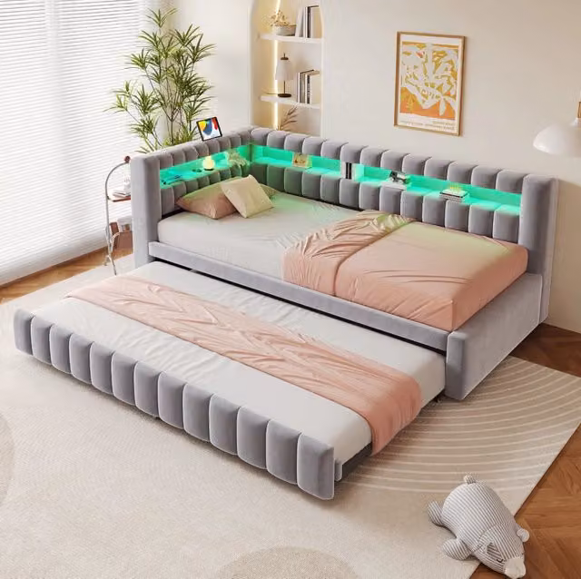 Letto imbottito trasformabile MODFU in velluto grigio con LED, porte USB e ripiani integrati L/P/H: 90 x 200 cm