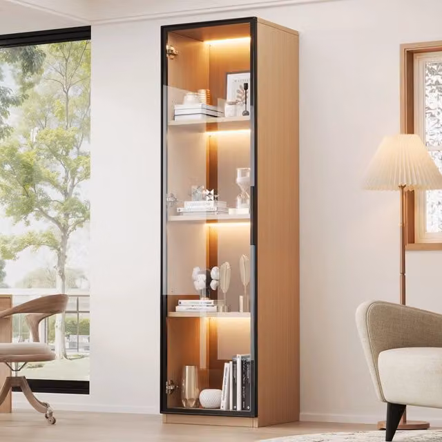 Desviae Vetrina stretta con porta in vetro temperato e LED multicolore MDF effetto rovere per soggiorno 40 × 40 × 165 cm
