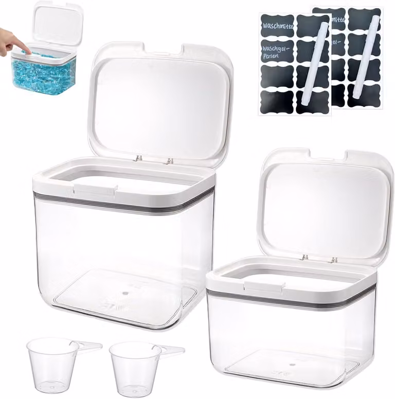 Contenitori per detersivo da 2,8L e 4,5L, con coperchio e misurini, resistenti all'umidità, ideali per la lavanderia
