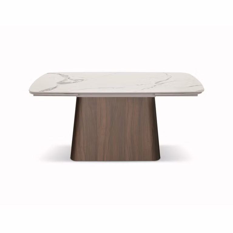 Tavolo MALTA in vetroceramica effetto marmo statuario, allungabile con base noce 160×90 cm - 240×90 cm