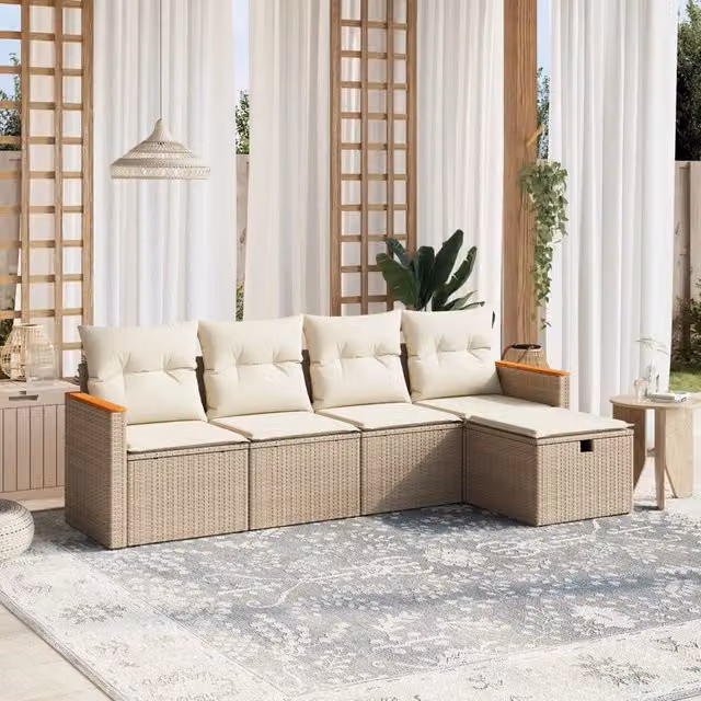 Set Divano da Giardino 5 pz con Cuscini-Sofa da Giardino-Divanetto da esterno Beige in Polyrattan 625250