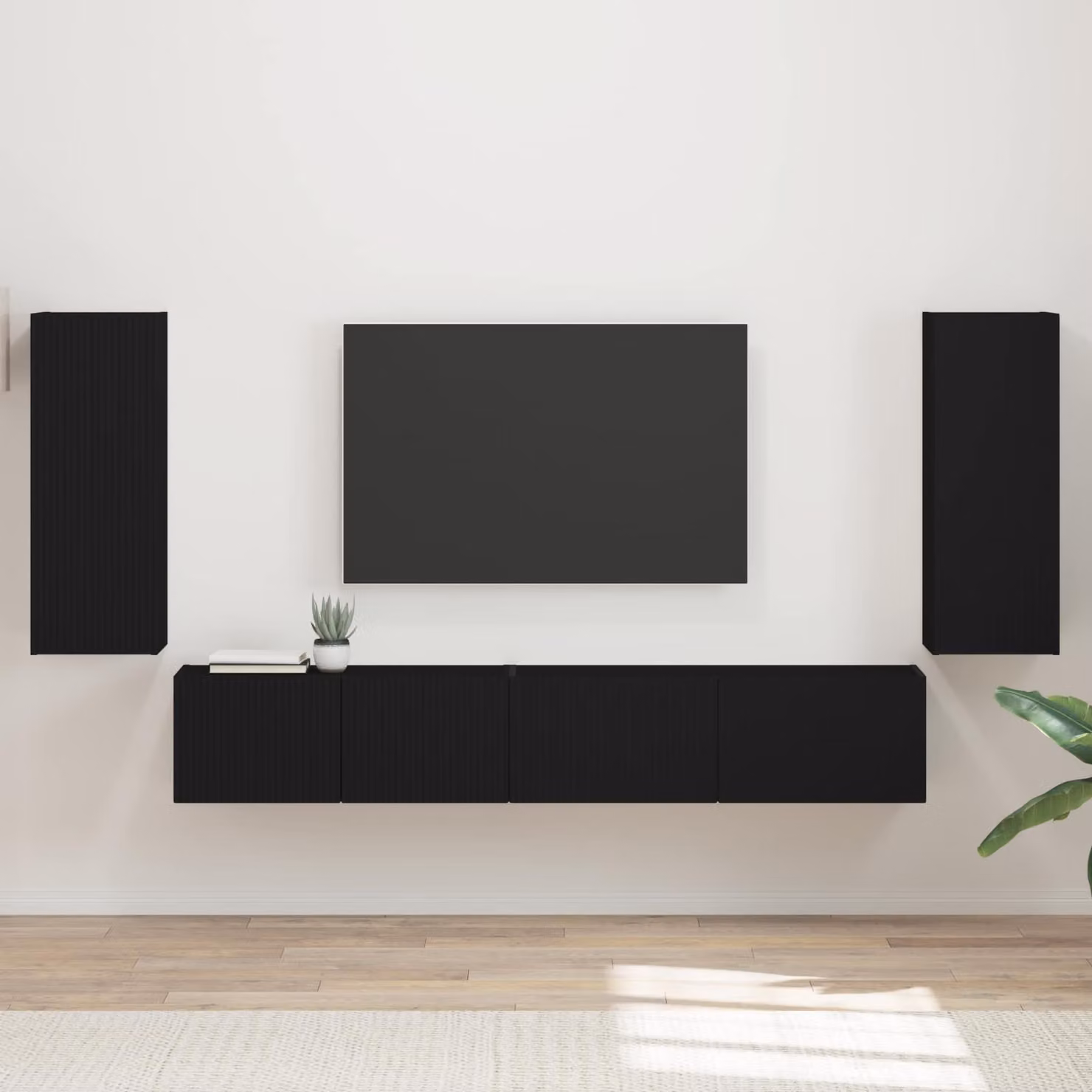 Set mobile TV moderno vidaXL in 4 pezzi, colore nero, legno ingegnerizzato e MDF, montaggio a parete