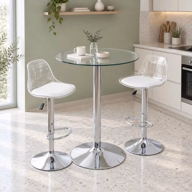 Set bar con tavolo rotondo in vetro Ø 89 cm e 2 sgabelli girevoli regolabili trasparenti