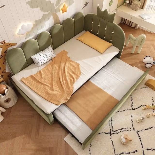 Divano letto L-forma - Zephmum- 90x200 cm, velluto verde, design corona e griglia, spazio ridotto