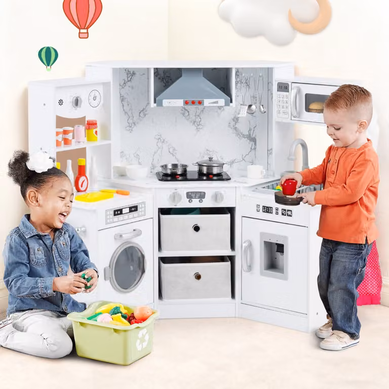 Cucina giocattolo per bambini Costway in legno con luci e suoni, angolo cucina con cappa aspirante illuminata, Bianco