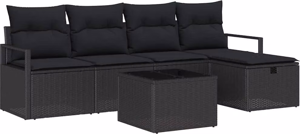 Set Divano da Giardino con cuscino 6 pcs Nero Poly Rattan