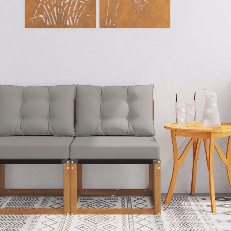 vidaXL Divano centrale da esterno moderno in legno di acacia con cuscini in tessuto textilene, Colore: Marrone e Grigio