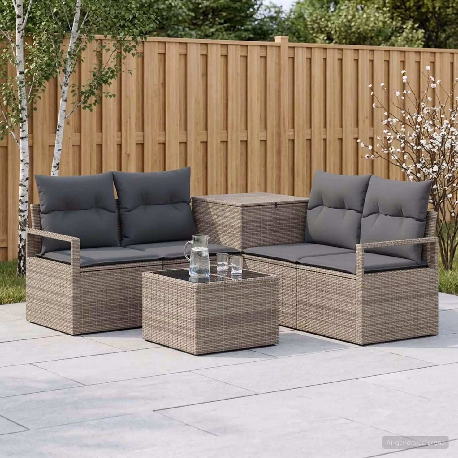 Set di divani da giardino vidaXL in polyrattan grigio e antracite con tavolo da caffè e cuscini inclusi