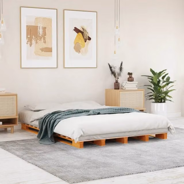 Letto Pallet Marrone Cera 140x200 cm in Legno Massello di Pino 844455