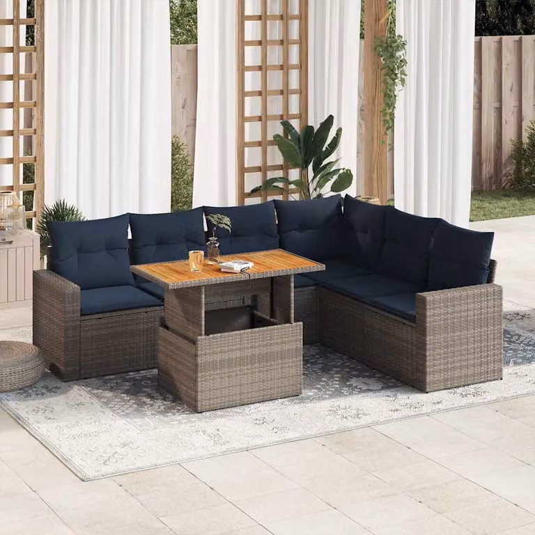 Set Divani da Giardino vidaXL 7 pz a Forma a L con Cuscini Grigio e Blu in Polyrattan e Acciaio