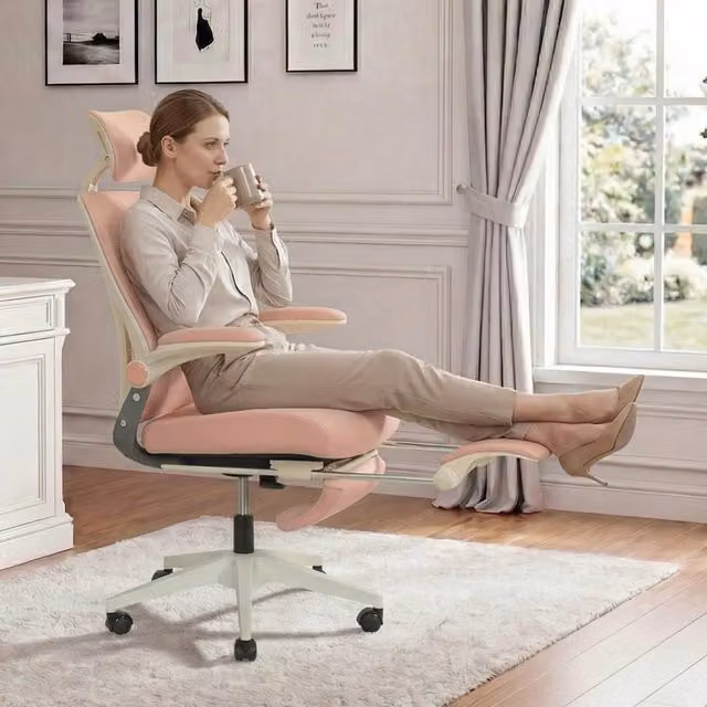 Sedia da ufficio ergonomica con poggiatesta 3D e supporto lombare regolabile, schienale pieghevole in tessuto e schiuma, Rosa, L/P/H: 65.0 x 61.0 x 40.5 cm