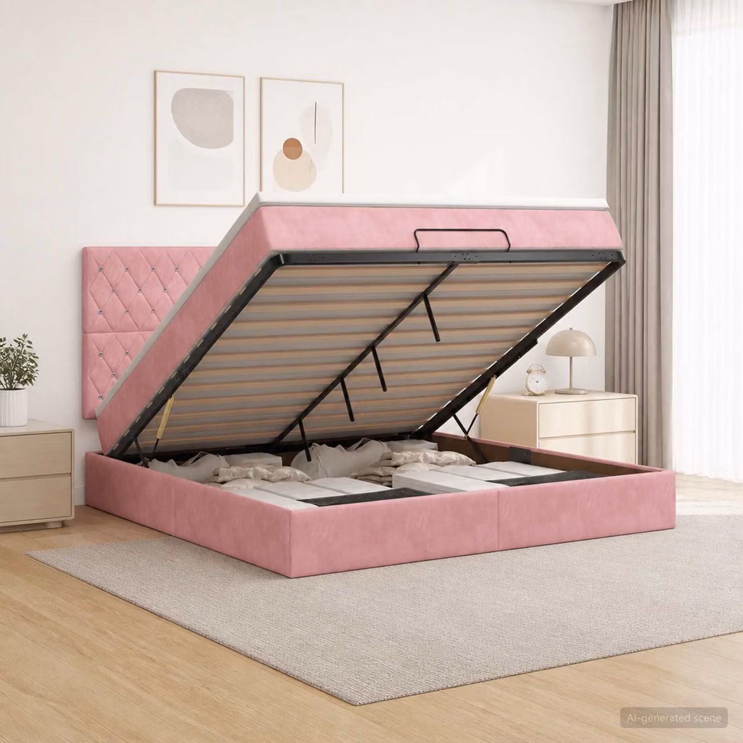 Letto ottomano con materasso vidaXL in velluto rosa, L: 160 cm, P: 200 cm, H: 88 cm