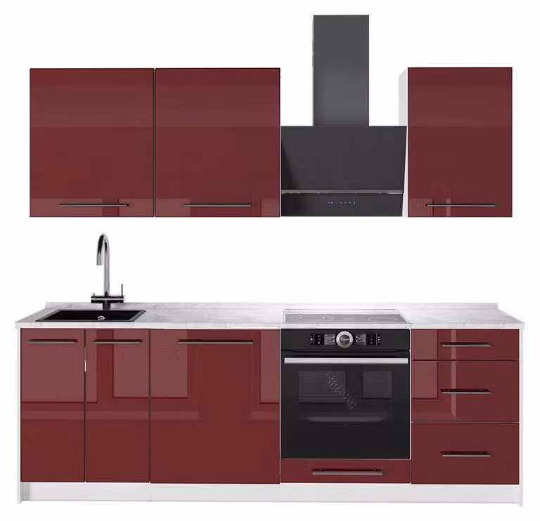 Cucina componibile Vicco Fame-Line Bordeaux lucido/Bianco 230 cm, PL Marmo, Model 64027
