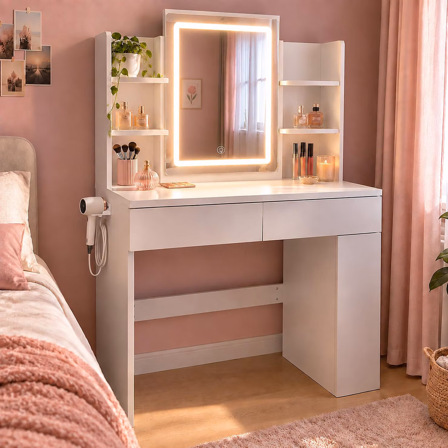 Toeletta con specchio e cassetti, con illuminazione a LED regolabile; tavolo da trucco, 90 x 40 x 135 cm, bianco