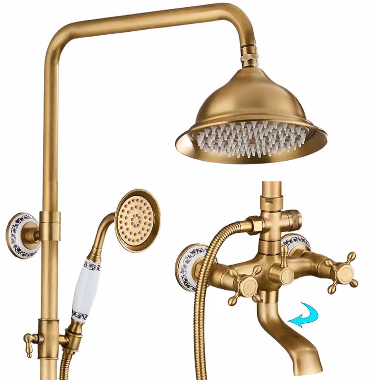 Sistema doccia antico, in bronzo, con soffione a pioggia da 20 cm, 3 funzioni, decorazioni in porcellana