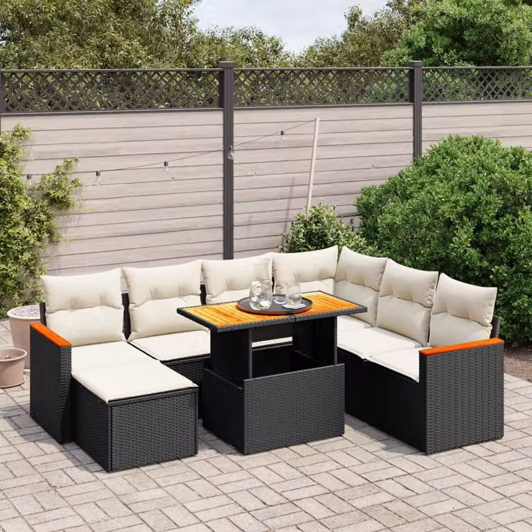 vidaXL Set Divani da Giardino a L con Cuscini 8 pz in Polyrattan Nero e Legno di Acacia