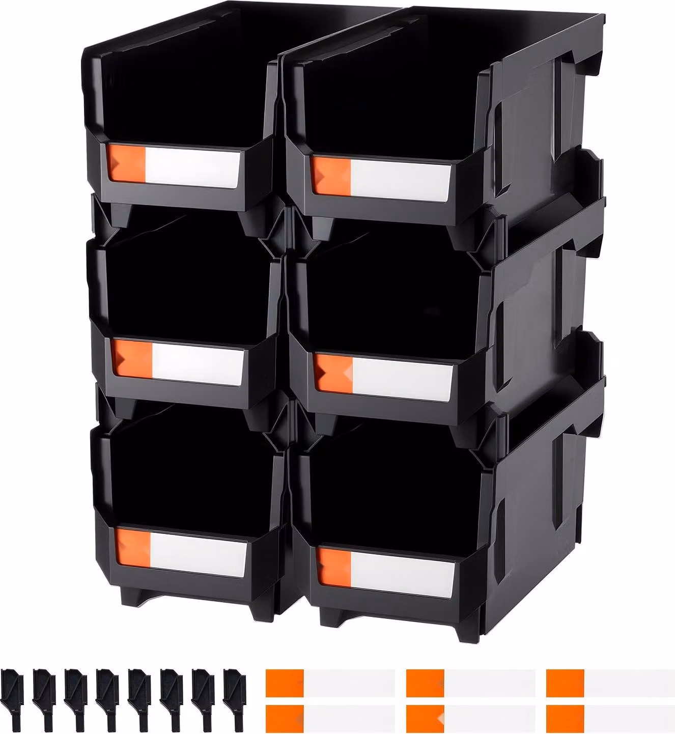 Contenitori a vista - Set di 6 contenitori impilabili - 37,7 x 21,5 x 18 cm - Per piccoli oggetti e forniture per ufficio - Contenitori a vista - Nero