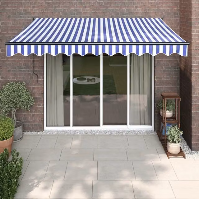 Tenda da sole retrattile vidaXL in alluminio e poliestere, Blu e Bianca, L: 350 cm, P: 250 cm
