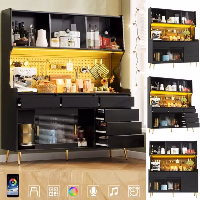 Mobile alto moderno nero 145x39x171 cm con illuminazione LED e controllo app, 1 cassetto, ripiano portaoggetti e pannello forato. Per cucina o sala da pranzo
