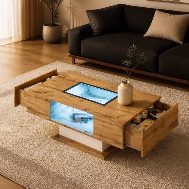 Tavolino basso MIVRAY con piano in vetro, due cassetti e vano aperto con illuminazione LED regolabile via app, disponibile in bianco o marrone, L: 110.2 cm, P: 60 cm, H: 39.7 cm