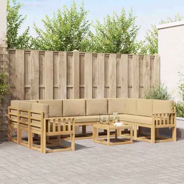 Set di divani da esterno a forma di U vidaXL in legno di acacia con cuscini Bianco, Beige e Marrone – 1
