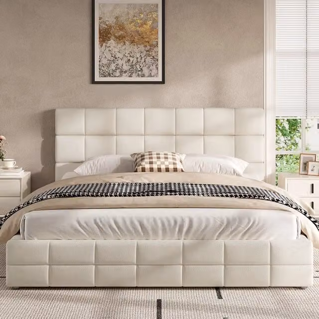 Letto imbottito beige 180x200 con testiera e rivestimento in velluto