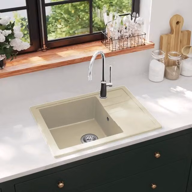 Lavello da cucina con foro troppopieno ovale beige in granito vidaXL L/P/H: 58 x 44 x 16,4 cm