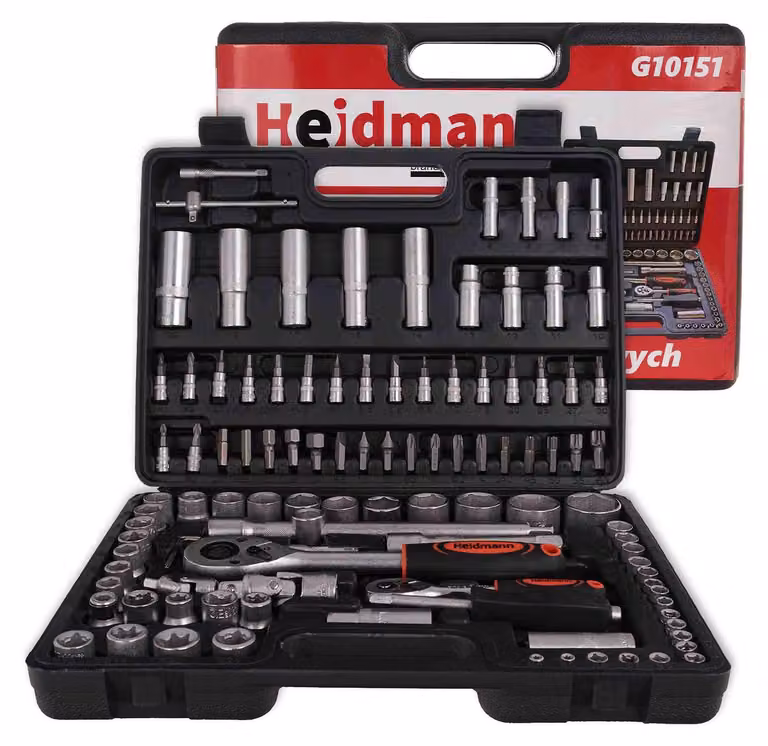 Valigetta utensili professionale con set-kit di chiavi a bussola, torx, cricchetti, prolunghe, attrezzi per auto, officina fai-da-te con attacchi 1/2" e 1/4", 108 pezzi Heidmann
