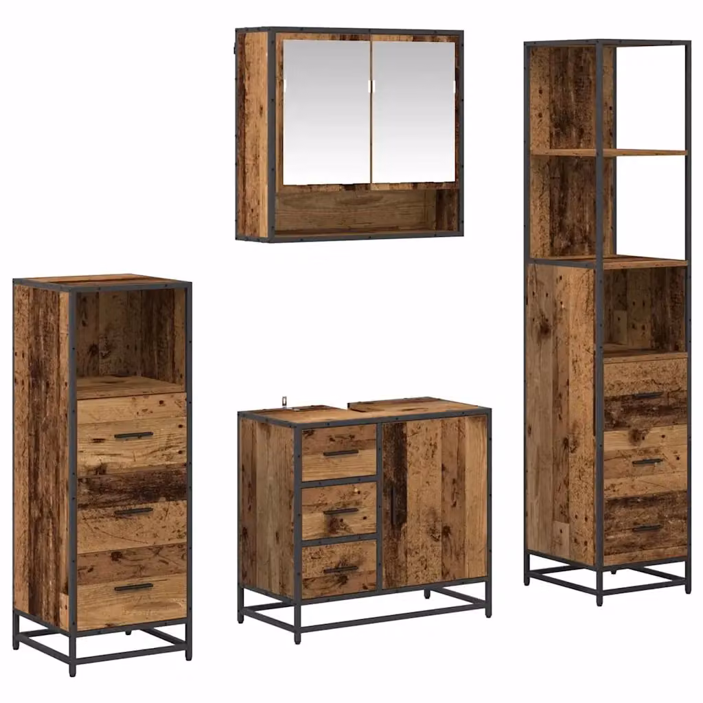 Set di mobili per il bagno vidaXL 4 pezzi in legno e metallo marrone con armadietto specchio, mobile lavabo, mobile laterale e colonna alta, L/P/H: 65 x 33 x 166 cm – 2