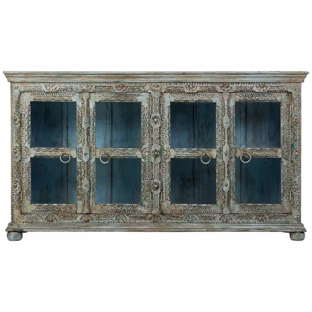 Credenza Wanderlust Deco in legno di mango verde e oro con dettagli in vetro, stile boho, L: 180 cm, P: 43 cm, H: 100 cm – 2