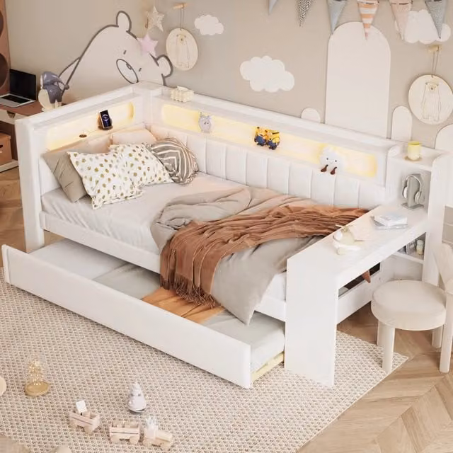 Letto singolo imbottito 90x200 cm con letto estraibile; scrivania; porte USB e LED a 7 colori; bianco