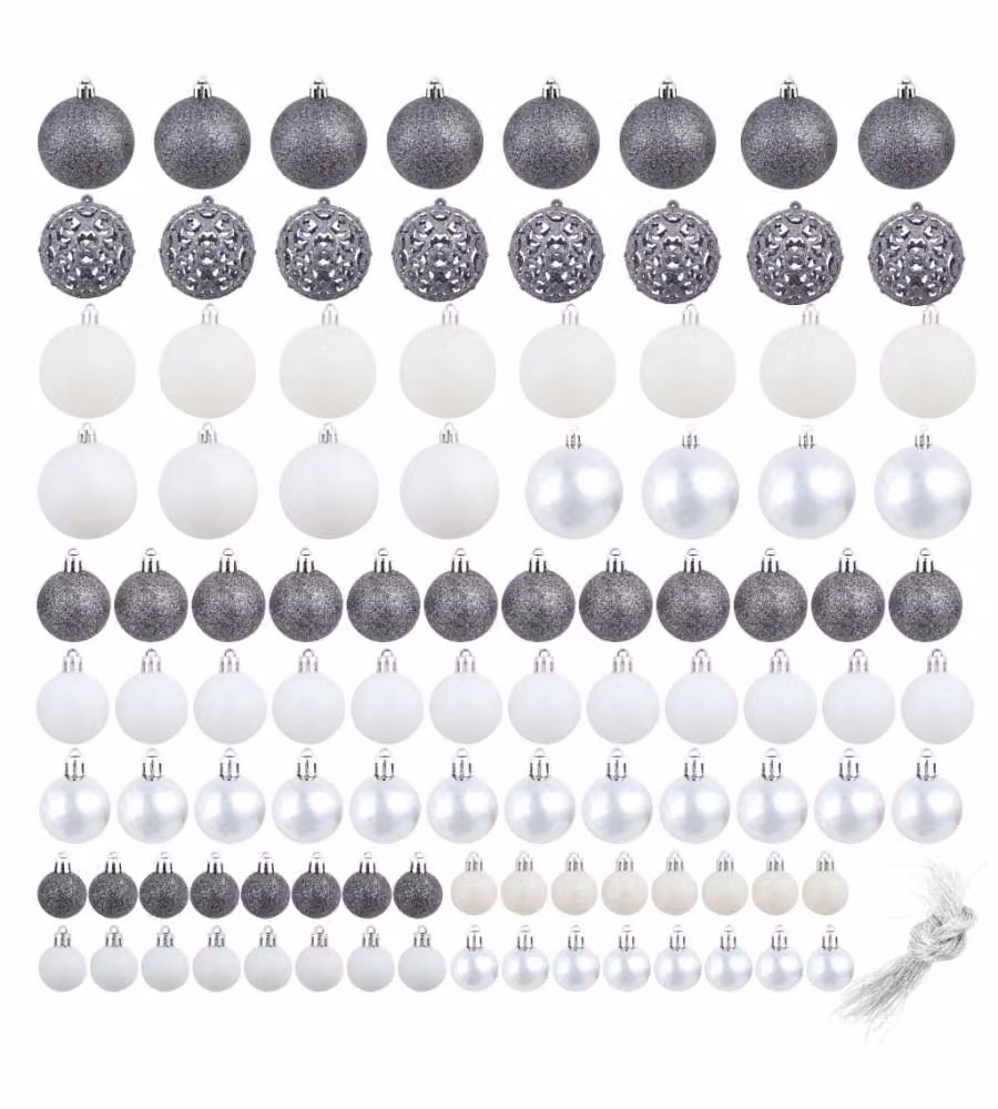 Set Palline di Natale 100 pz 3/4/6 cm Bianco/Grigio