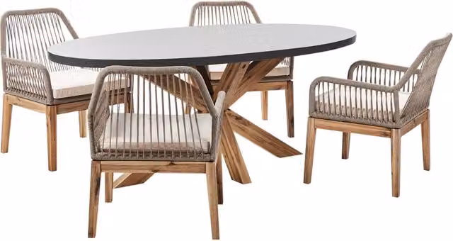 Set da pranzo da giardino Beliani con tavolo rettangolare in legno di acacia e 4 sedie in cemento, Grigio e Beige, L: 190 cm x P: 100 cm