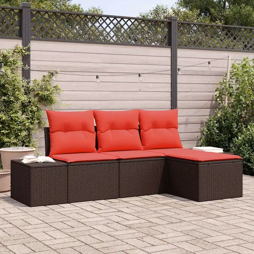 Set Divano da Giardino L-Shape vidaXL con Poltrona e Ottoman, Colore Marrone e Rosso, Struttura in Metallo e Polyrattan con Cuscini Inclusi