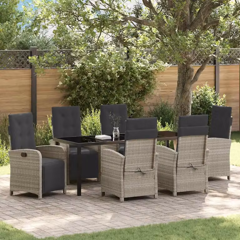 Set da pranzo per giardino e terrazzo vidaXL in polyrattan e vetro, 7 pezzi, Grigio chiaro