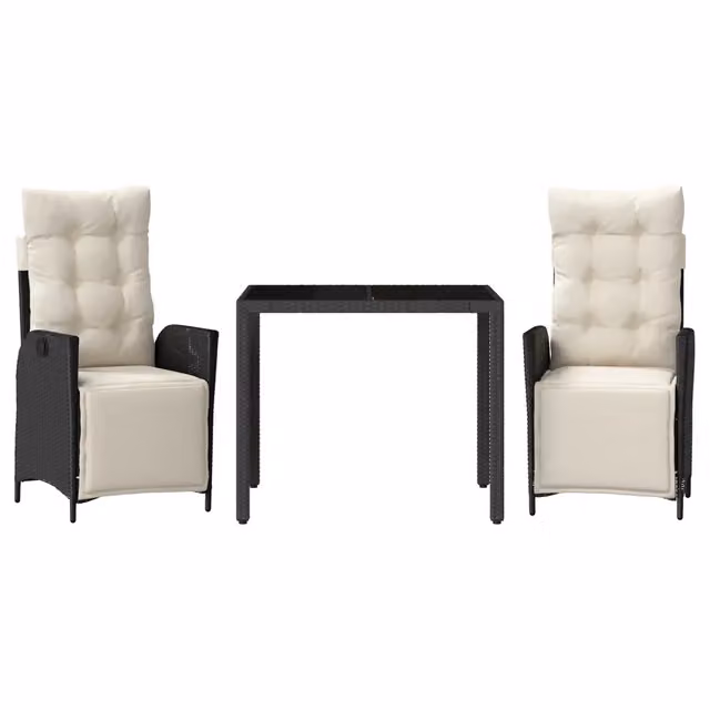 Set da Pranzo da Giardino 3 Pezzi in Polyrattan con Tavolo in Vetro e Cuscini Nero e Bianco – 1