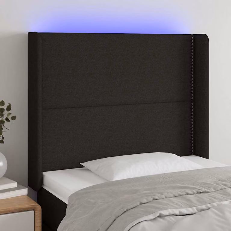 Testiera per letto vidaXL in tessuto nero con illuminazione LED e porta di ricarica USB, L: 103 cm, P: 16 cm, H: 118-128 cm
